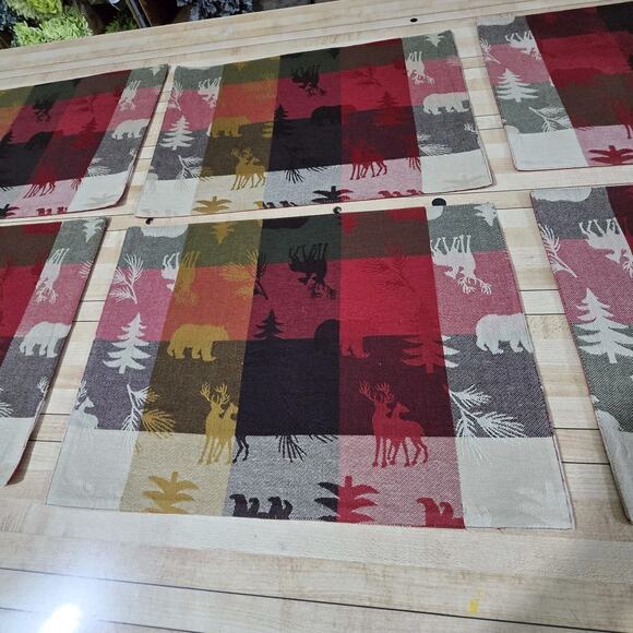 Home Studio Set 8 Woodland Placemats 8"x13" Deer Bear Trees Red Brown Cream - Picture 10 of 13